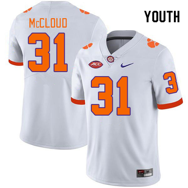 Youth Clemson Tigers Kobe McCloud #31 College White NCAA Authentic Football Stitched Jersey 23DW30SY